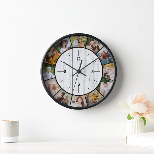 Rustic Faux White Wood Fence 12 Photo Collage Clock (Home)