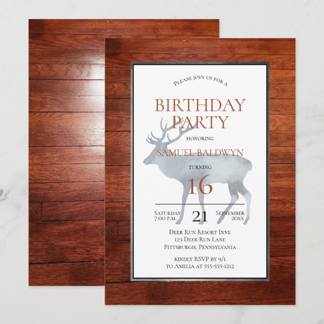 Rustic Faux Wood Antlered Deer Birthday Party Invitation (Front/Back)