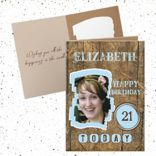 Rustic faux wood brown blue 21st birthday card