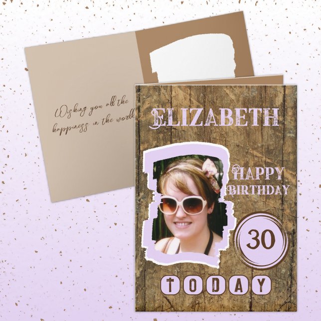 Rustic faux wood brown lilac 30th birthday card (Creator Uploaded)