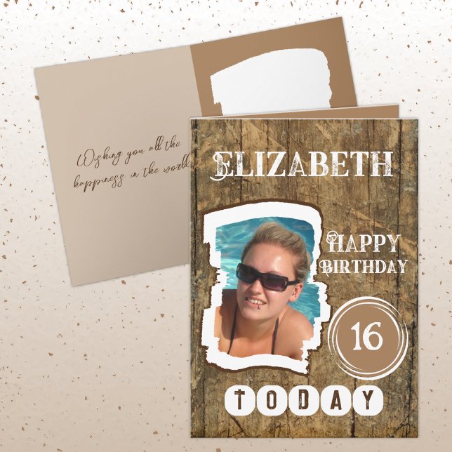 Rustic faux wood brown white 16th birthday card (Creator Uploaded)