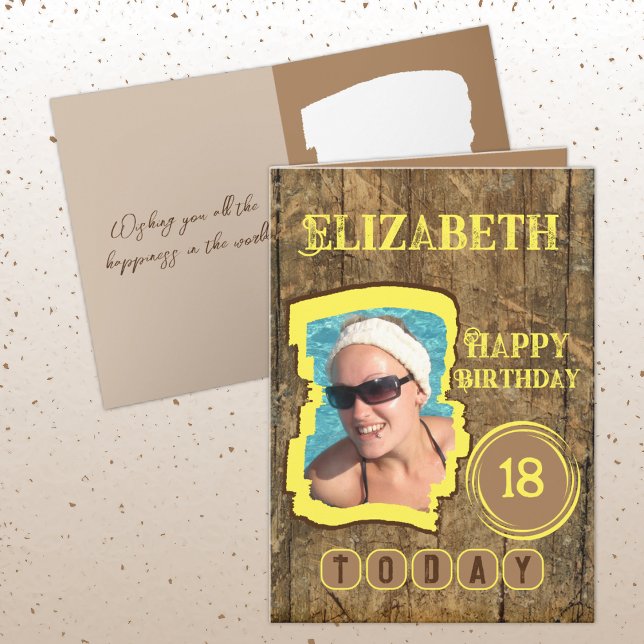 Rustic faux wood brown yellow 18th birthday card (Creator Uploaded)