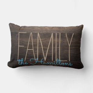 Rustic  FAUX WOOD Chic Family Monogram  BLUE Lumbar Cushion
