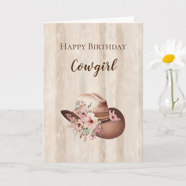 Rustic Faux Wood Cowgirl Floral Hat Birthday Card (Small Plant)