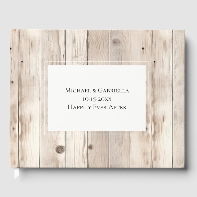 Rustic Faux Wood Cream White Wedding Guest Book (Front)