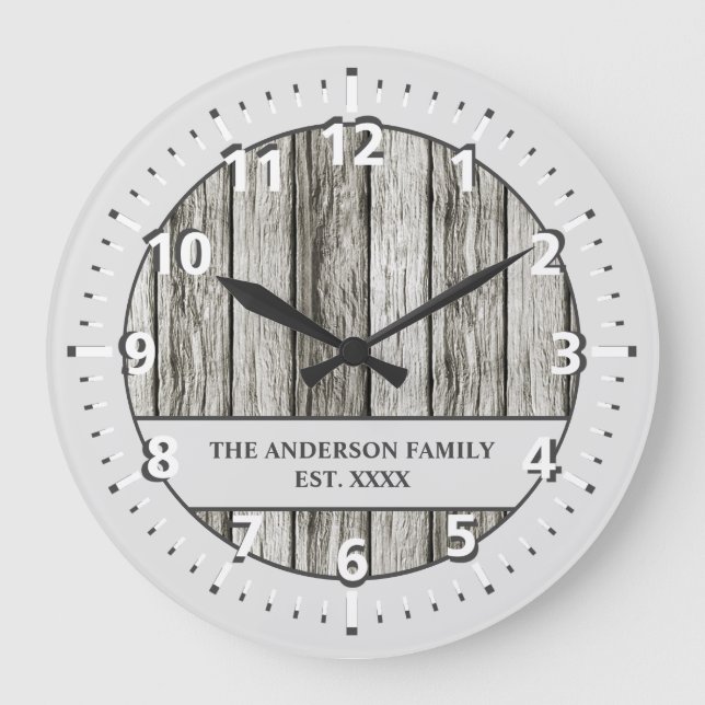 Rustic faux wood family name pale grey and white large clock (Front)