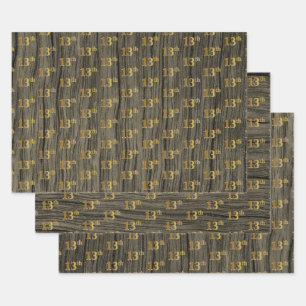 Rustic Faux Wood Grain, Elegant Faux Gold "13th" Wrapping Paper Sheet