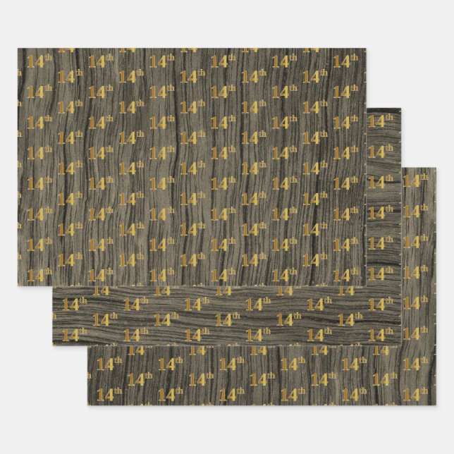 Rustic Faux Wood Grain, Elegant Faux Gold "14th" Wrapping Paper Sheet (Set)