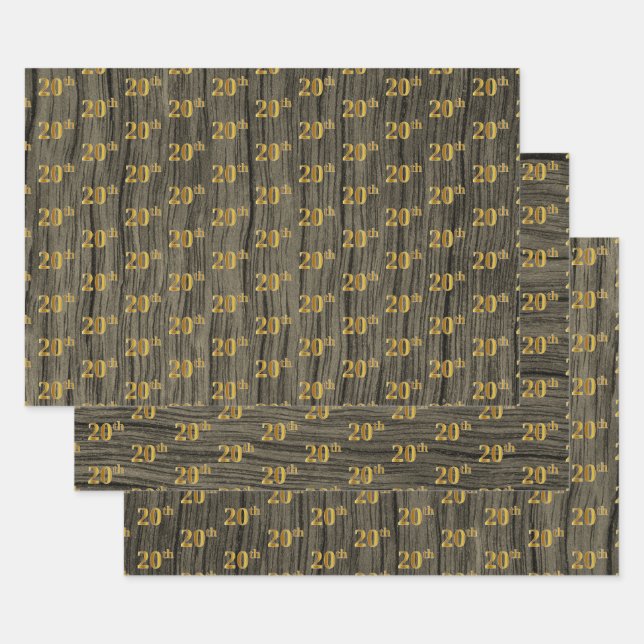 Rustic Faux Wood Grain, Elegant Faux Gold "20th" Wrapping Paper Sheet (Set)