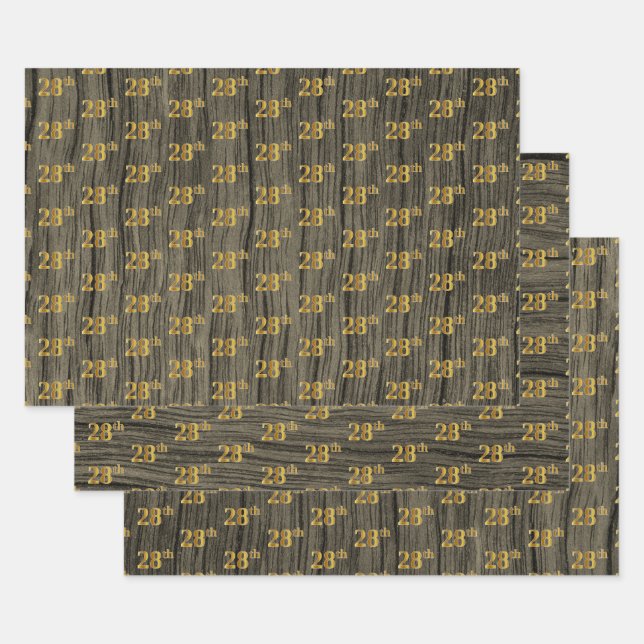 Rustic Faux Wood Grain, Elegant Faux Gold "28th" Wrapping Paper Sheet (Set)