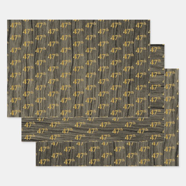 Rustic Faux Wood Grain, Elegant Faux Gold "47th" Wrapping Paper Sheet (Set)