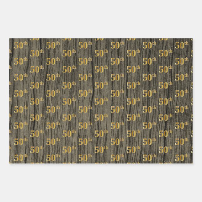 Rustic Faux Wood Grain, Elegant Faux Gold "50th" Wrapping Paper Sheet (Front)