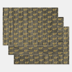 Rustic Faux Wood Grain, Elegant Faux Gold "69th" Wrapping Paper Sheet