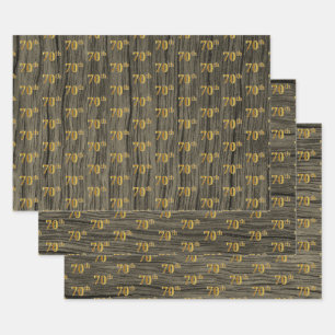 Rustic Faux Wood Grain, Elegant Faux Gold "70th" Wrapping Paper Sheet