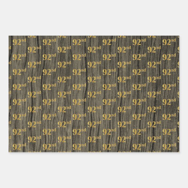 Rustic Faux Wood Grain, Elegant Faux Gold "92nd" Wrapping Paper Sheet (Front)