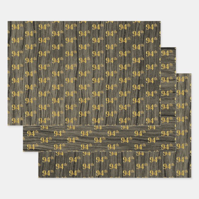 Rustic Faux Wood Grain, Elegant Faux Gold "94th" Wrapping Paper Sheet (Set)