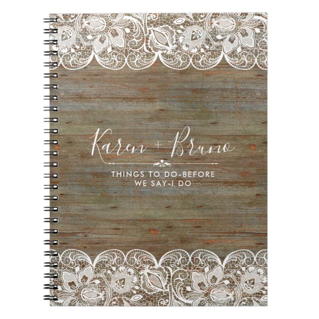 Rustic Faux Wood & White Lace Notebook (Front)