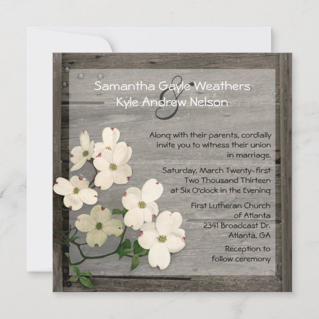 Rustic Fence & Dogwood Blooms Wedding Invitation (Front)