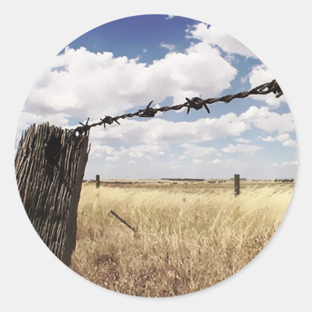 Rustic Fence Landscape Grassy Blue Sky Clouds Classic Round Sticker (Front)