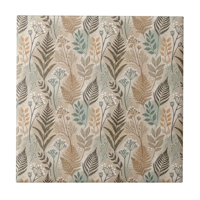 Rustic Fern Foliage & Wildflowers Botanical Design Tile (Front)