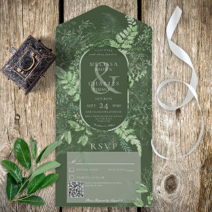 Rustic Fern Green Foliage Emerald QR Code All In One Invitation