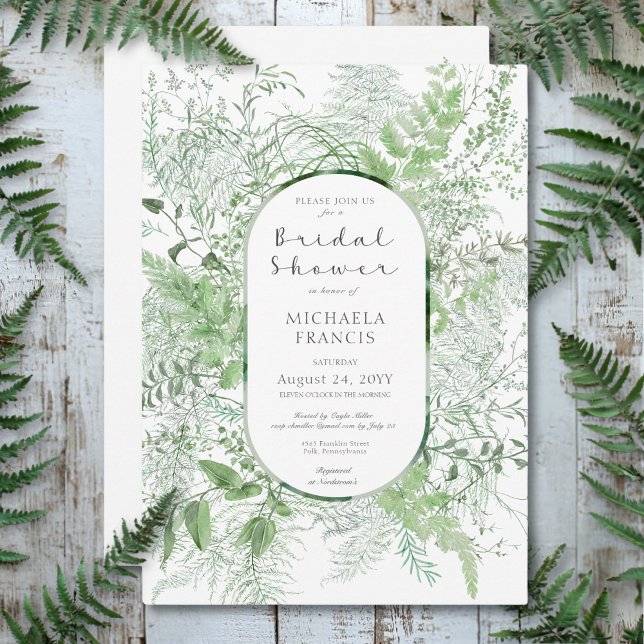 Rustic Fern Green Foliage White Bridal Shower Invitation (Rustic Fern Green Foliage White Bridal Shower Invitation)