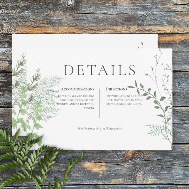 Rustic Fern Green Foliage White Wedding Details Enclosure Card (Rustic Fern Green Foliage White Wedding Details Enclosure Card)