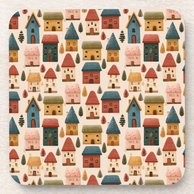 Rustic Festive Christmas Houses Seamless Pattern Coaster (Front)