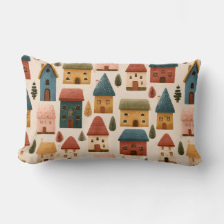 Rustic Festive Christmas Houses Seamless Pattern Lumbar Cushion