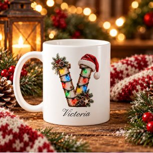 Rustic Festive Christmas Monogram Letter v Coffee Mug