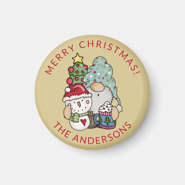 Rustic Festive Gnome Snowman Christmas Magnet (Front)