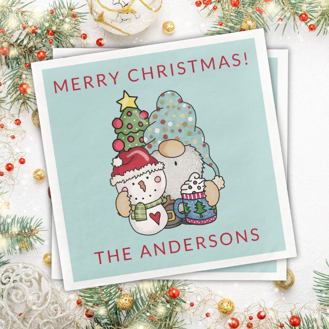 Rustic Festive Gnome Snowman Merry Christmas Party Napkin (Creator Uploaded)