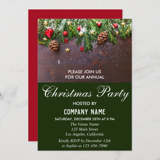 Rustic Festive Red & Green Company Christmas Party Invitation (Front/Back)