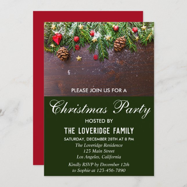 Rustic Festive Red & Green Country Christmas Party Invitation (Front/Back)