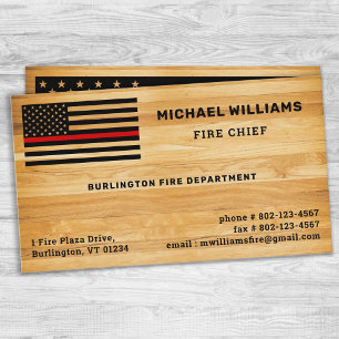 Rustic Firefighter Thin Red Line America Flag Wood Business Card