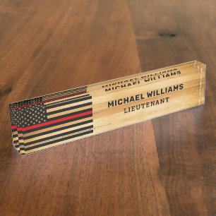 Rustic Firefighter Thin Red Line America Flag Wood Nameplate