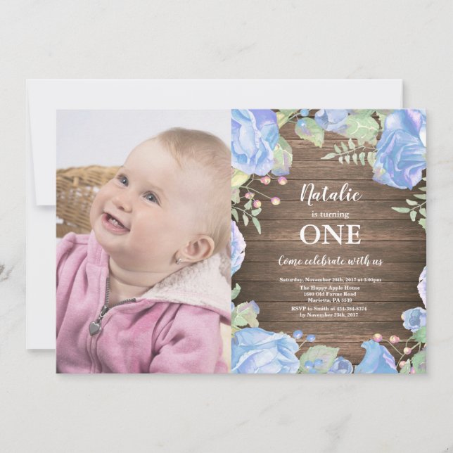 Rustic First 1st Birthday Invitation Blue Floral (Front)