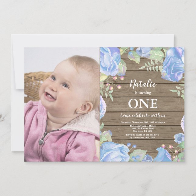 Rustic First 1st Birthday Invitation Blue Floral (Front)