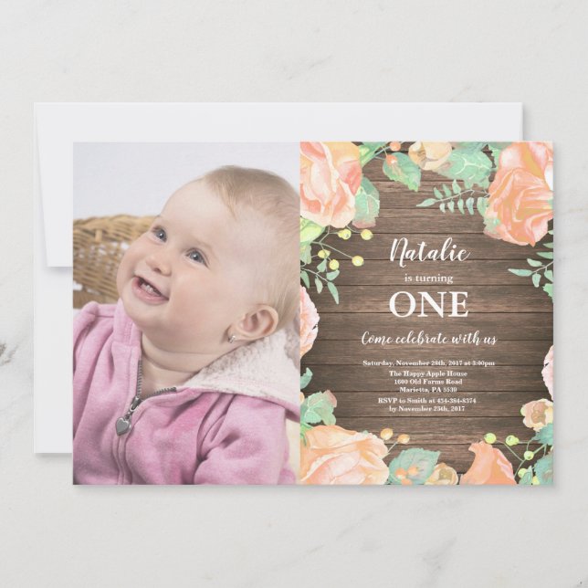 Rustic First 1st Birthday Invitation Peach Floral (Front)