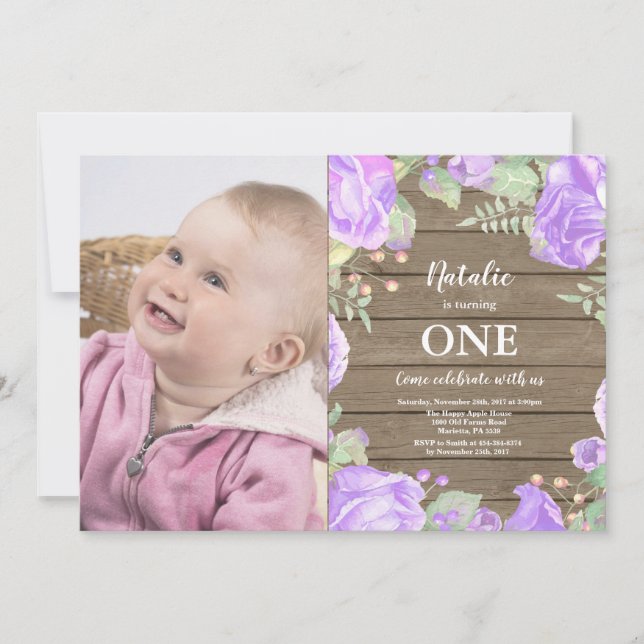 Rustic First 1st Birthday Invitation Purple Floral (Front)