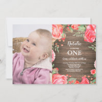 Rustic First 1st Birthday Invitation Red Floral