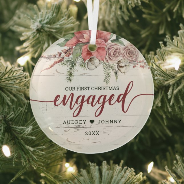 Rustic First Christmas Engaged Red Pink Floral Glass Tree Decoration (Insitu)