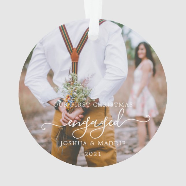 Rustic First Christmas Engaged Two Photo Christmas Ornament (Back)
