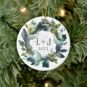 Rustic First Christmas Engaged Wreath Photo Ceramic Tree Decoration