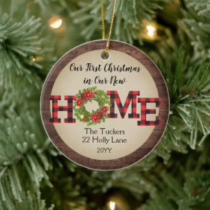 Rustic First Christmas Home Wreath Plaid Photo Ceramic Tree Decoration