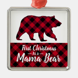 Rustic First Christmas Mama Bear Red Buffalo Plaid Metal Tree Decoration