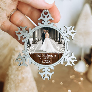 Rustic First Christmas Married Snowflake Pewter Christmas Ornament