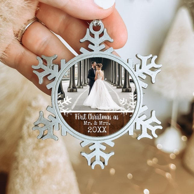 Rustic First Christmas Married Snowflake Pewter Christmas Ornament (Rustic snowflake family holiday keepsake photo ornament perfect for gifts to bring joy to others.)