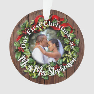 Rustic First Christmas Mr Mrs Couple Wedding Phot Ornament