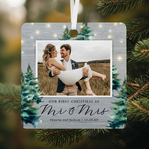 Rustic First Christmas Mr & Mrs Pine Tree Metal Tree Decoration